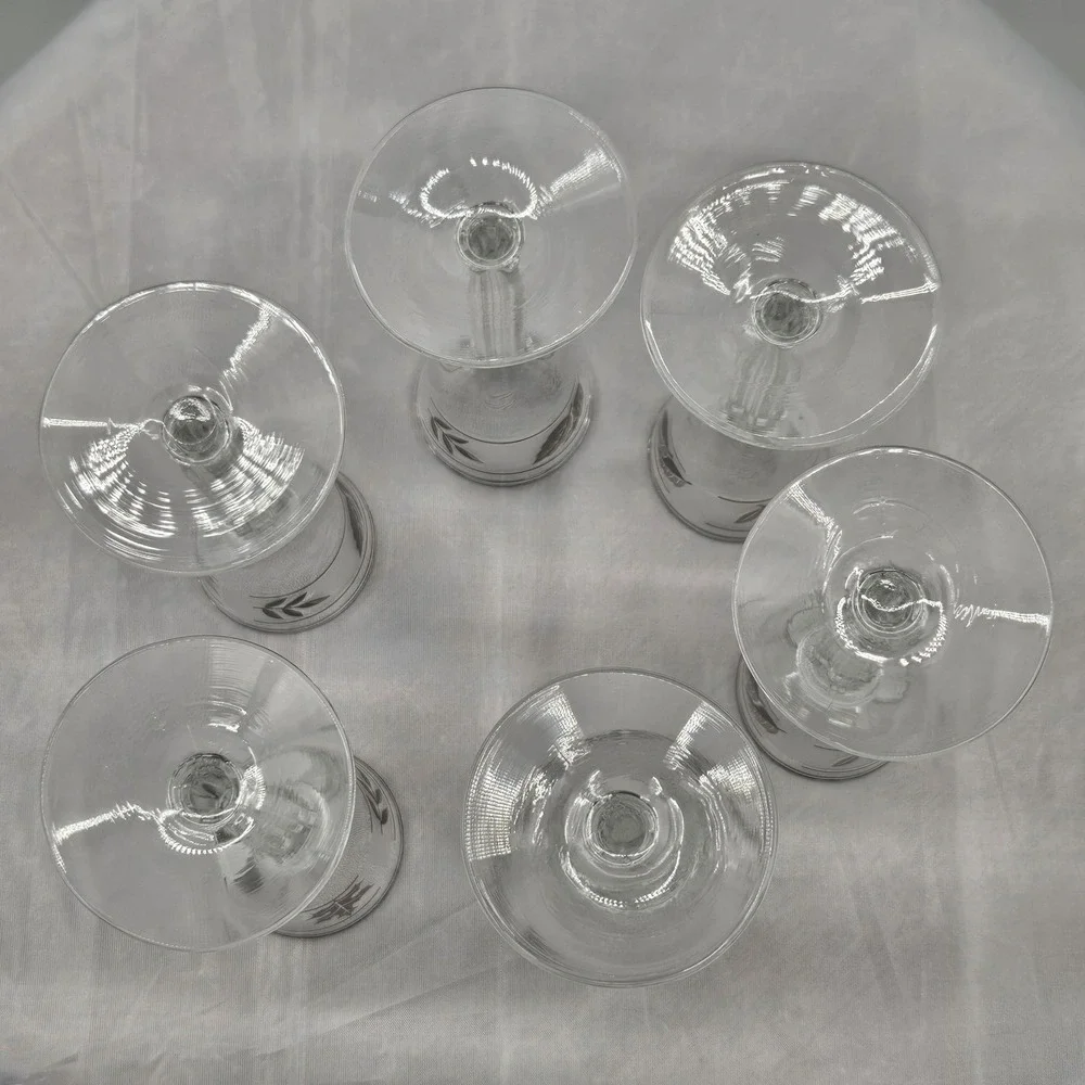 Set of 6 Clear Cordial Shot Glasses Silver Leaf Etched‎ Design